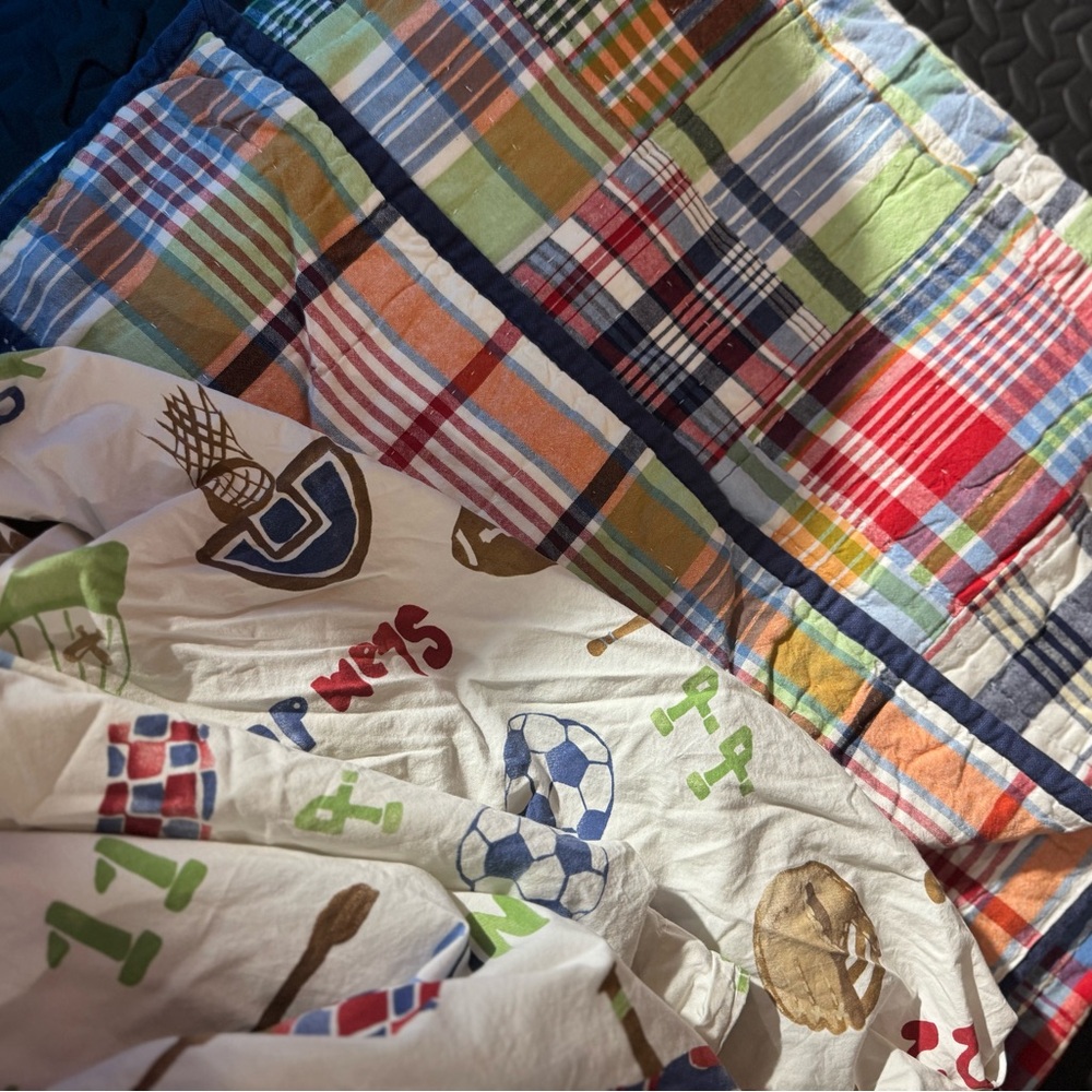 PB Kids twin sports sheet set and Madras Colorful Patchwork Quilt